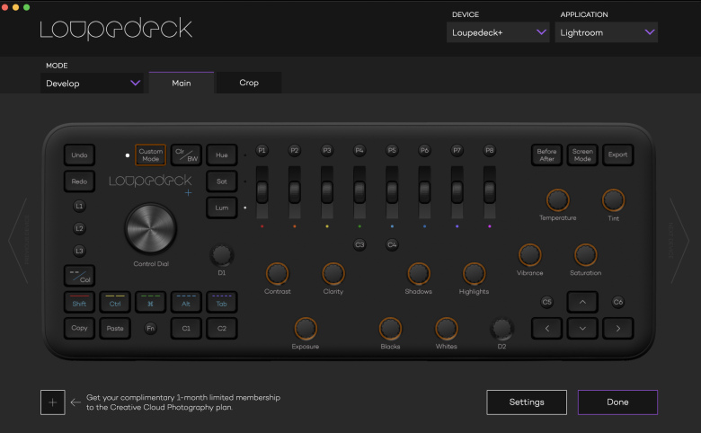 Menu Custom Mode de la console Loupedeck Plus