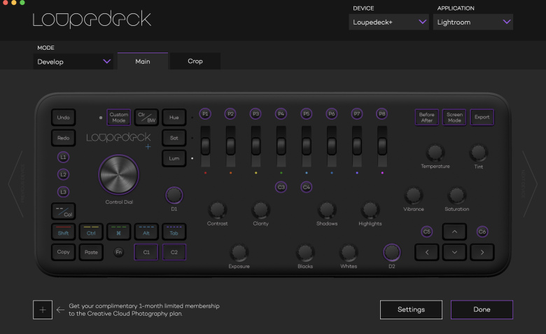 Menu de personnalisation des fonctions de la Loupedeck Plus