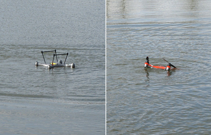 Drone étanche SplashDrone 3 redécollant au-dessus de l’eau