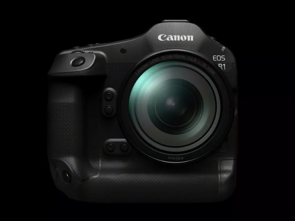 Canon EOS R1 vu de face, boîtier monobloc tropicalisé